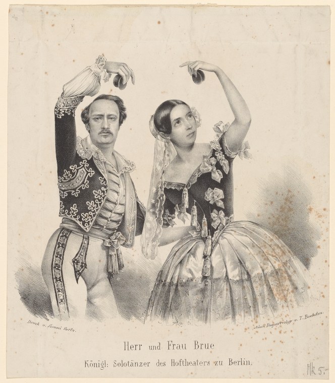A man in ornate military dress and a woman in a full-skirted gown with lace veil stand facing the viewer in a formal pose.