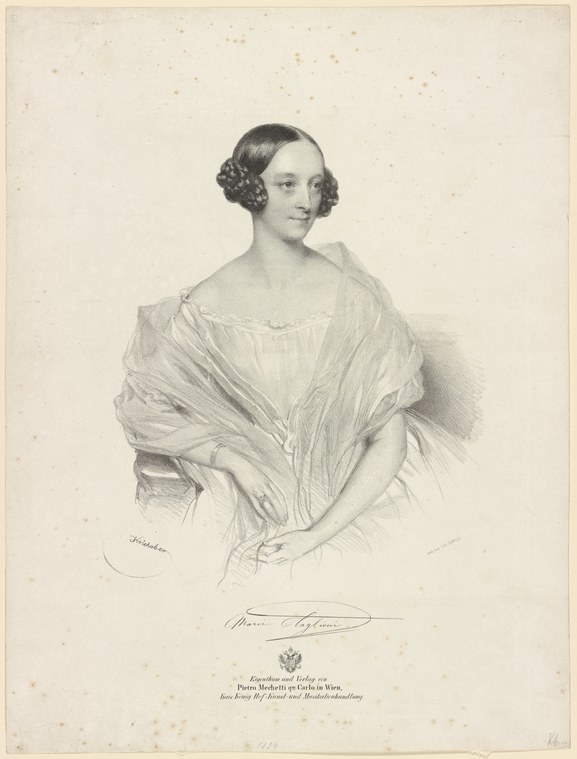 Lithograph portrait of a young woman in a soft neoclassical dress, gazing downward with hands folded, dark hair in a neat coil.