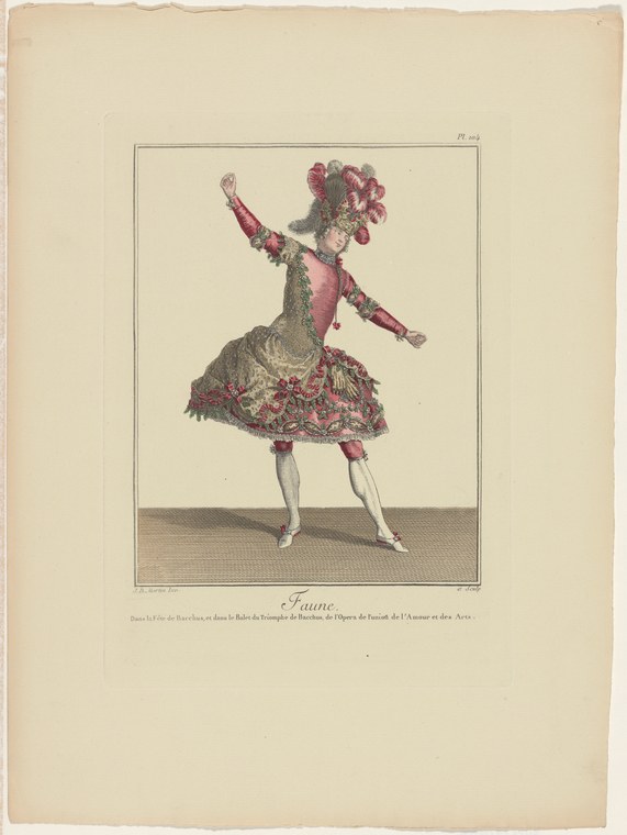 A dancer in rose-pink theatrical costume with plumed headdress stands in a lifted, open-armed pose, shown in profile.