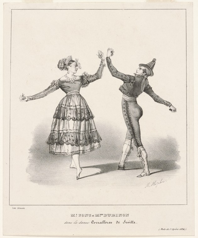 Lithograph of a man and woman in mid-nineteenth-century dress, facing each other with raised hands, in a moment of dance.