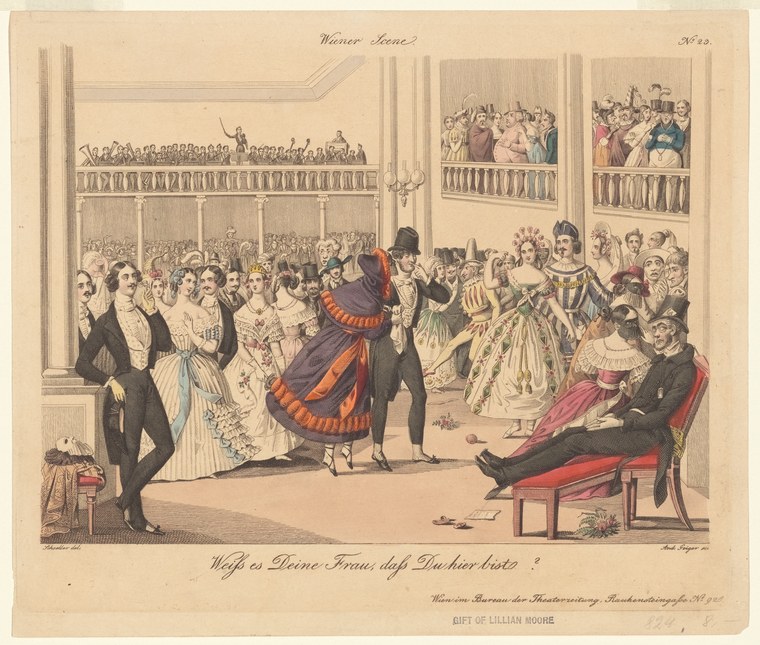 Formal ballroom scene with couples dancing in a grand hall lined with columns, with spectators in tiered galleries above.