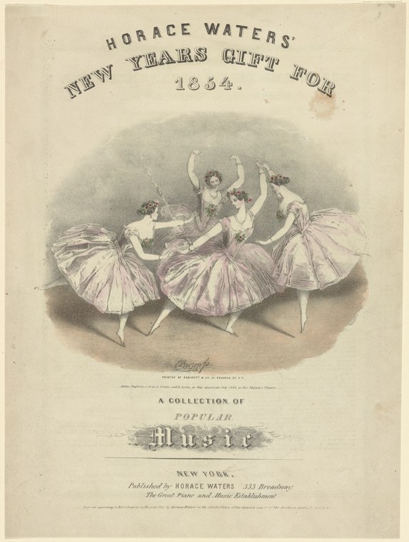 Four female ballet dancers in pale tutus pose en pointe in a formal arrangement, circa 1854 lithograph.