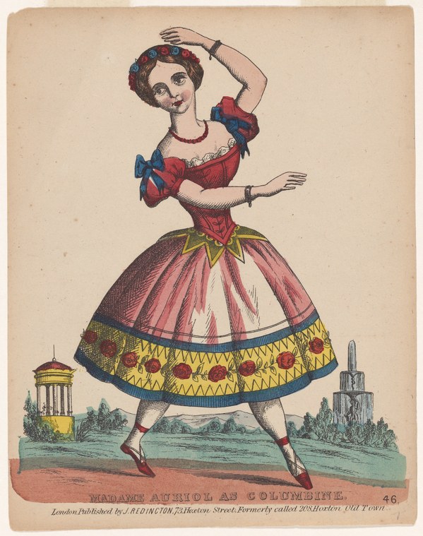 Woman in theatrical costume striking a dynamic pose with one arm raised, the other extended, wearing a red bodice and striped skirt trimmed in gold and blue.