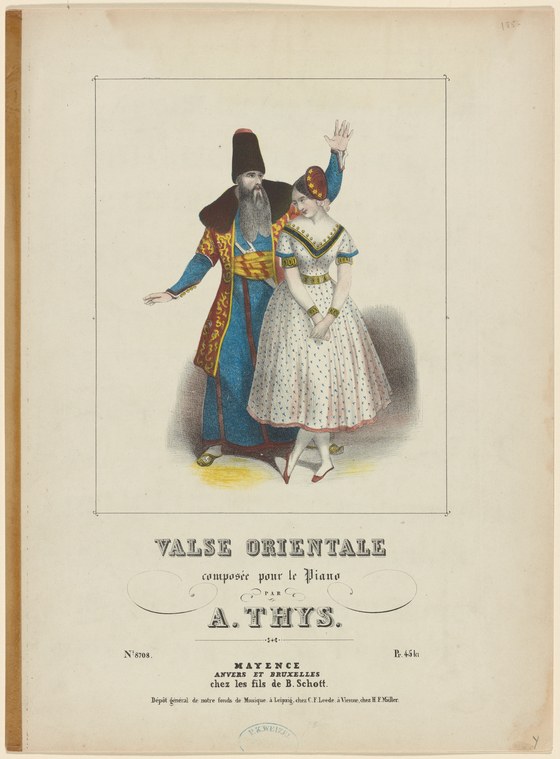 Two figures in formal ballroom position: a man in Russian costume with tall hat and embroidered coat gestures toward a woman in white dress, hand raised.