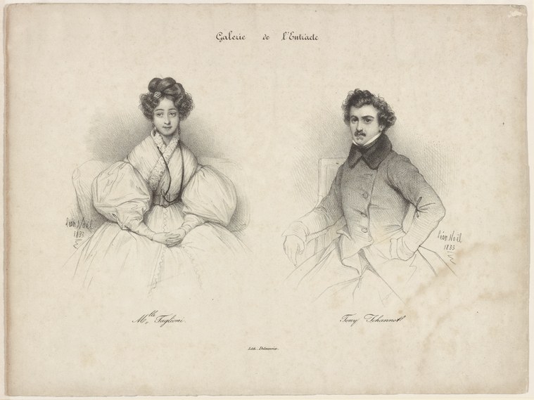 Portrait drawing of a woman in white 1830s dress seated on the left; a man in dark coat on the right, both identified by caption.