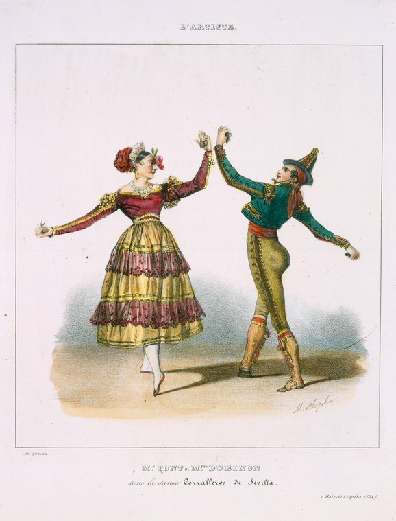 Two costumed dancers in a moment of flirtation: a woman in a red bodice and layered yellow-and-pink skirt extends her arm toward a man in olive breeches and