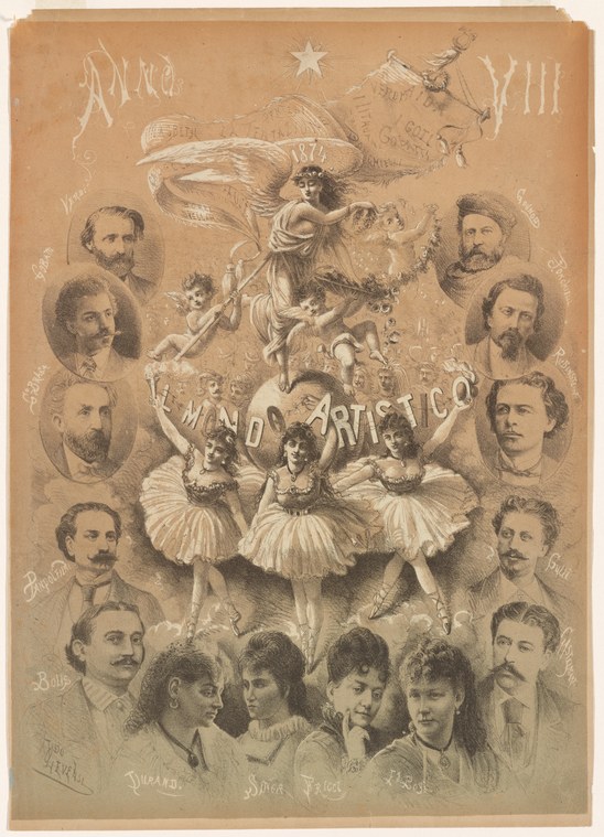 Commemorative lithograph with three tutted ballerinas in classical poses surrounded by oval portrait heads of male cultural figures.