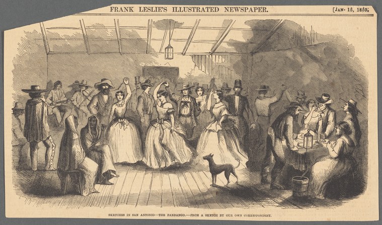 Engraving of a crowded indoor fandango dance scene in San Antonio, with a central dancing couple surrounded by spectators in period dress.