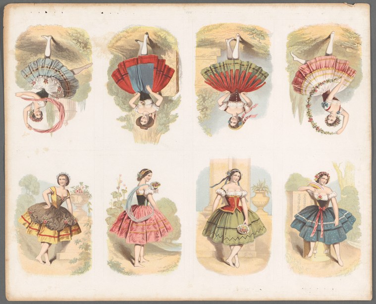 Chromolithograph showing eight young women dancers: four inverted with fans held aloft, four standing in folk-inspired costumes in varied poses.