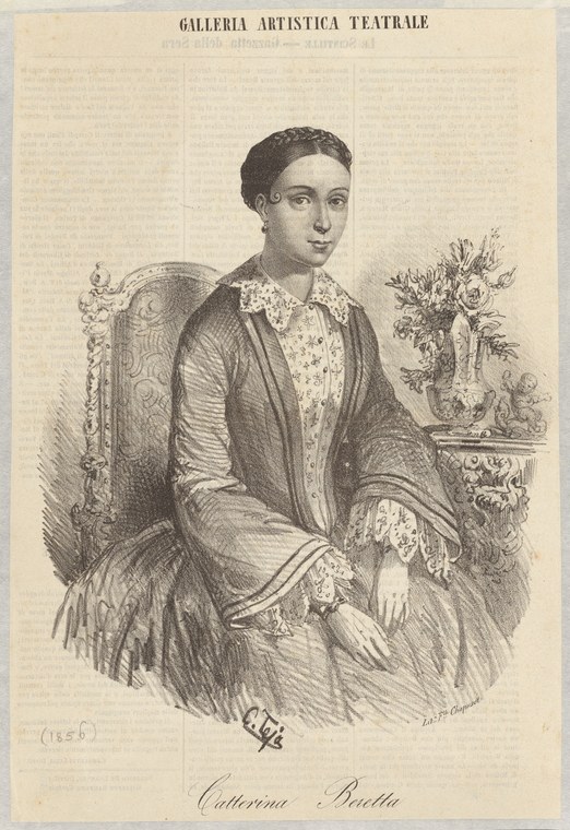 Engraved portrait of a woman in a mid-Victorian dress, seated in an ornate chair with flowers behind her.