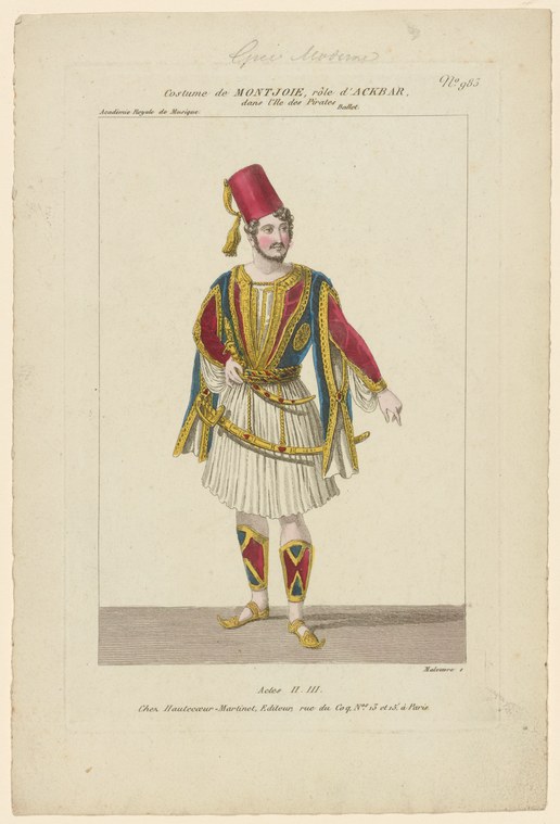 Man in crimson coat and pleated skirt with gold trim, high red cap, white patterned stockings, standing in formal pose against plain ground.
