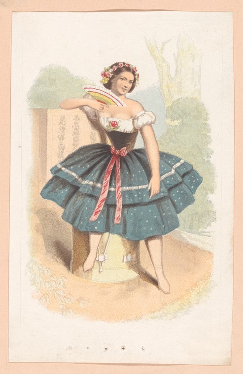 Young woman in dark pleated skirt with white polka dots and white off-shoulder blouse, wearing floral crown and holding wheat sheaf.