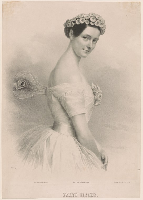 A woman in white Romantic-era ballet dress holds a peacock feather, gazing toward the viewer in a graceful pose.