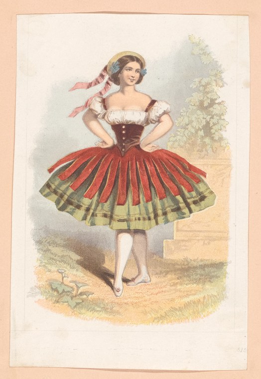 A barefoot female dancer in a burgundy corset and sharply pleated skirt stands in a sunlit garden, wearing a pale ribbon in her hair.