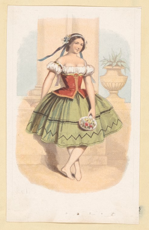 A young woman in Alpine folk costume—white blouse, red bodice, green skirt—stands alone in balletic pose, holding flowers.