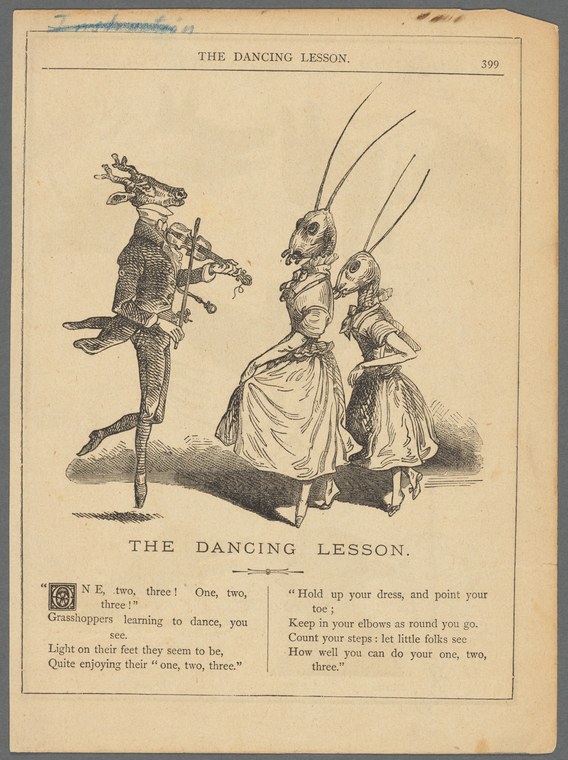 Engraving: A violin-playing insect in formal dress teaches three grasshoppers in skirts to dance, counting one-two-three.