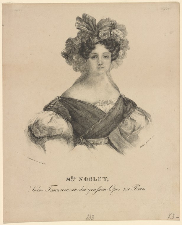 Lithographed portrait of a young woman in Regency dress, identified as Mlle. Noblet, solo dancer at the Paris Opéra.