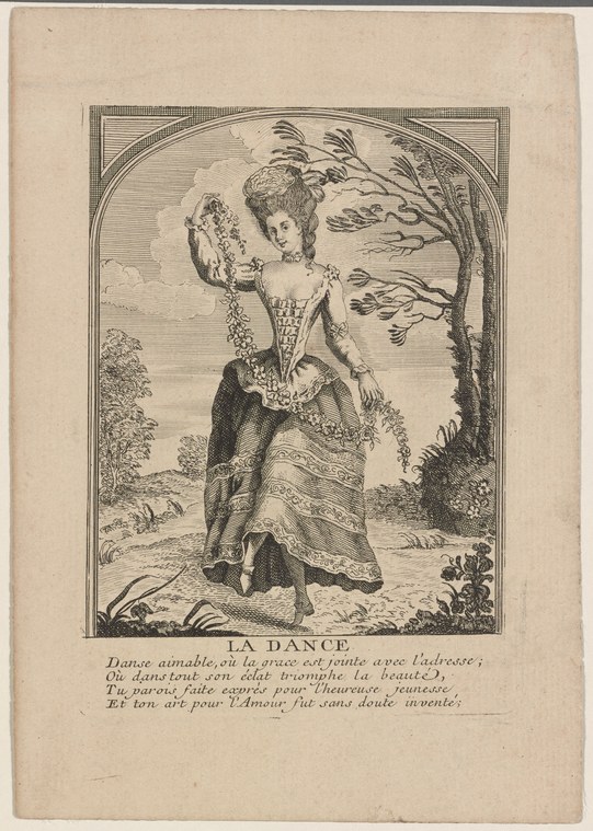 Engraving of a woman in elaborate Renaissance dress standing in a graceful pose, wearing a feathered headdress and jeweled bodice.