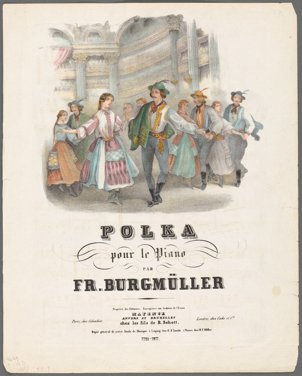 Colored lithograph of nine people in 1850s dress in a classical parlor, a couple at center about to dance, others in conversation around them.