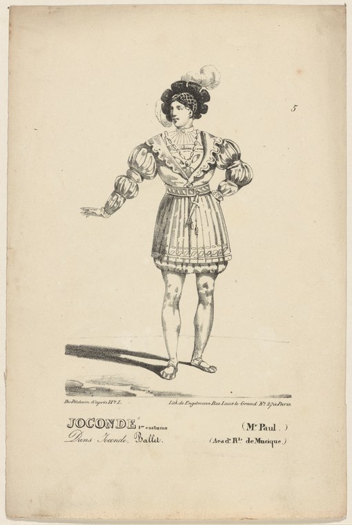 Male ballet dancer in ornate early 19th-century costume with feathered headdress and puffed sleeves, standing in formal pose.