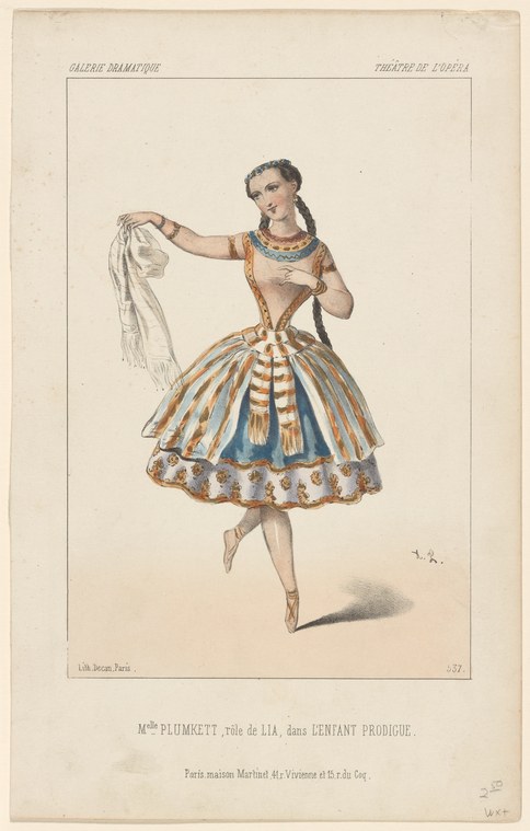 Young female ballet dancer in striped gold and blue skirt, holding pale veil, in classical ballet pose.