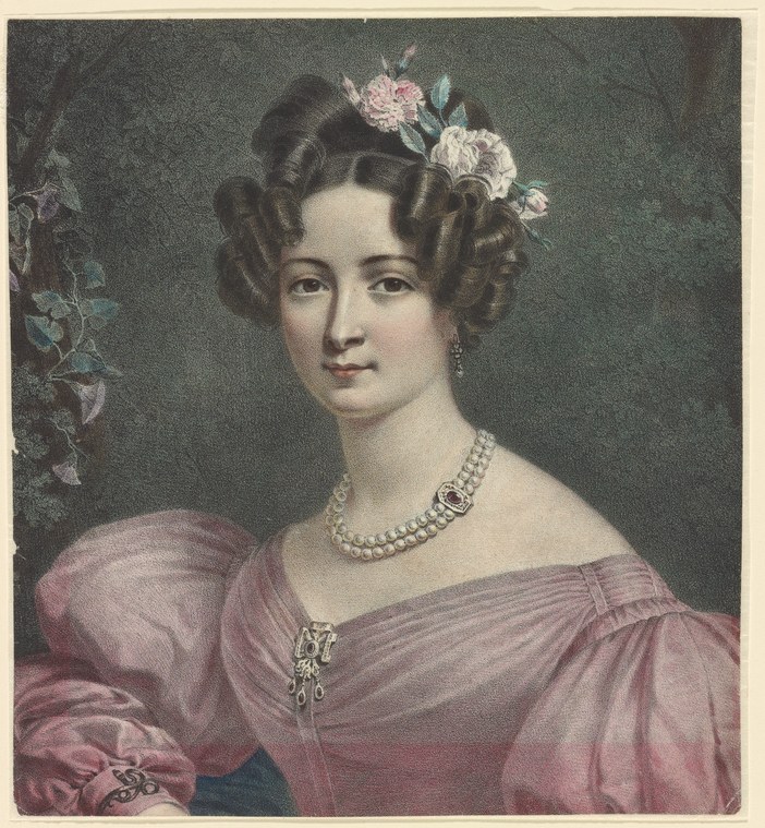 Portrait of a young woman with ringlet hair adorned with flowers, wearing a pink silk off-shoulder dress and pearl necklace.