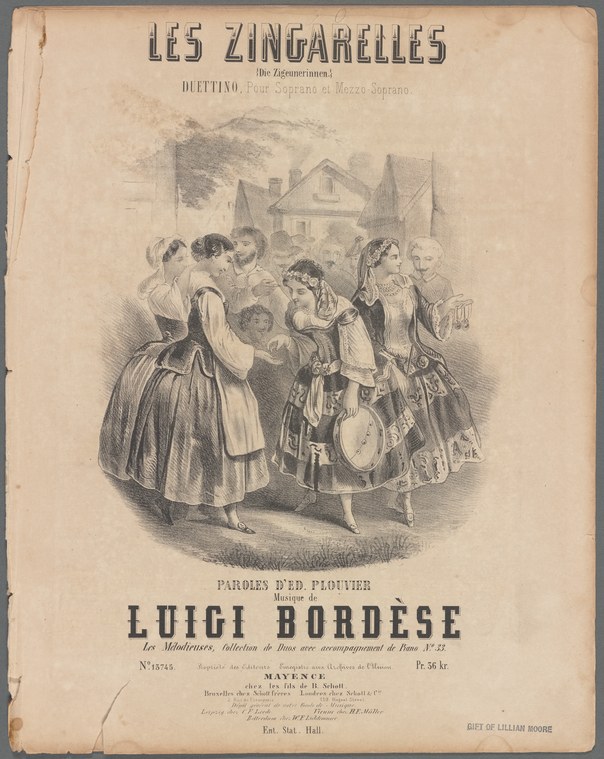 Engraved cover of a vocal score showing a group of women in 1840s dress gathered in a village setting.