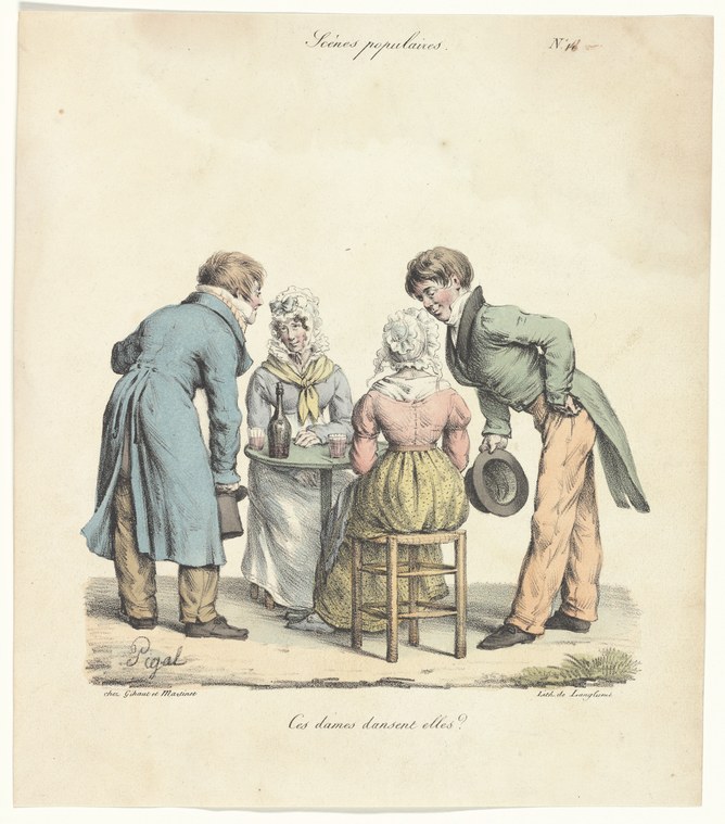 Four fashionably dressed figures in Regency-era clothes: two men in tailcoats flank two women, one seated and one standing, in a scene of formal courtship