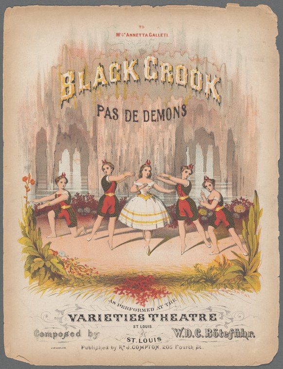 Chromolithographic theatrical poster showing a ballerina in white tutu surrounded by four acrobatic demon figures in red, in a classical columned stage setting.