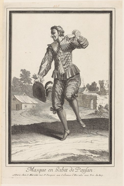 Engraving of a man in peasant dress leaping high with arms spread wide and a joyful expression, rural village behind him.