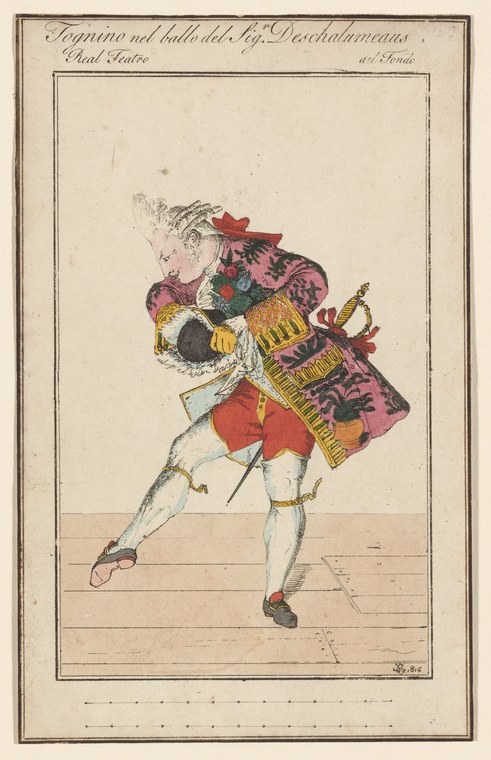 An 18th-century hand-colored engraving of a male dancer in elaborate purple and gold theatrical costume, mid-performance on a bare stage.