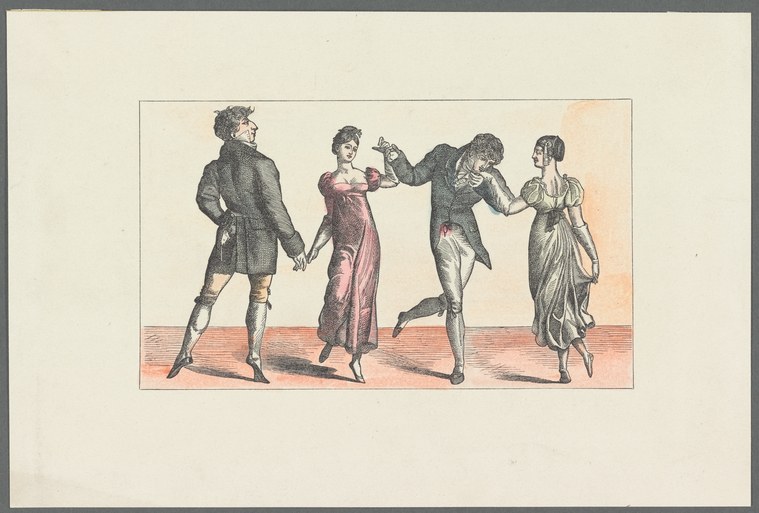 Four figures in Regency dress stand in a formal line, arms extended, demonstrating a quadrille figure.