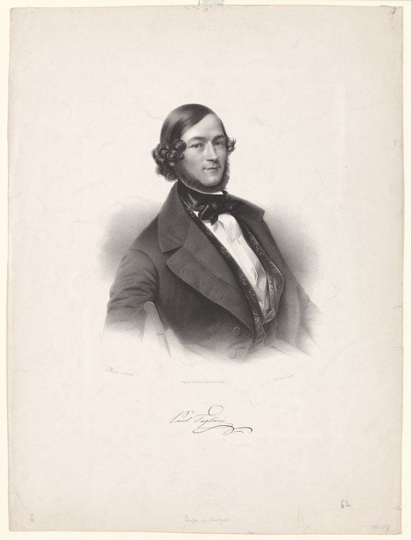 Formal lithograph portrait of Paul Taglioni, a mid-19th-century male ballet dancer, in black coat and bow tie.