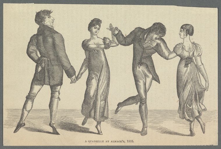 Four figures in Regency dress arranged in a quadrille formation, leaning toward each other in animated conversation.