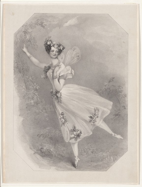 A young woman in a white tulle dress with floral crown and garlands stands in an elegant ballet pose, her right leg extended, left arm raised, engraved in