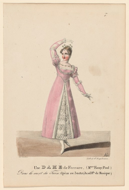 Woman in pink early 19th-century gown with raised arm in theatrical pose, hand-colored engraving