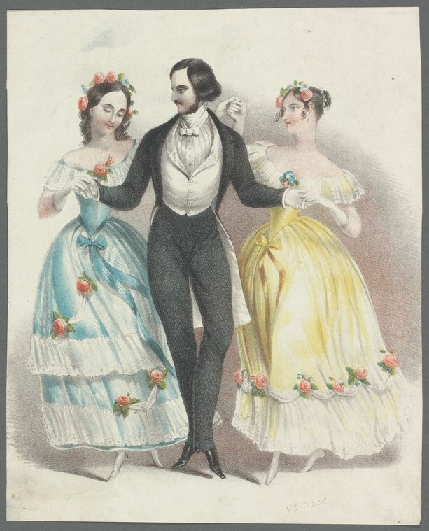 Hand-colored engraving of a man in black tailcoat flanked by two women in elaborate ball gowns with floral garlands, holding hands in formal ballroom pose.