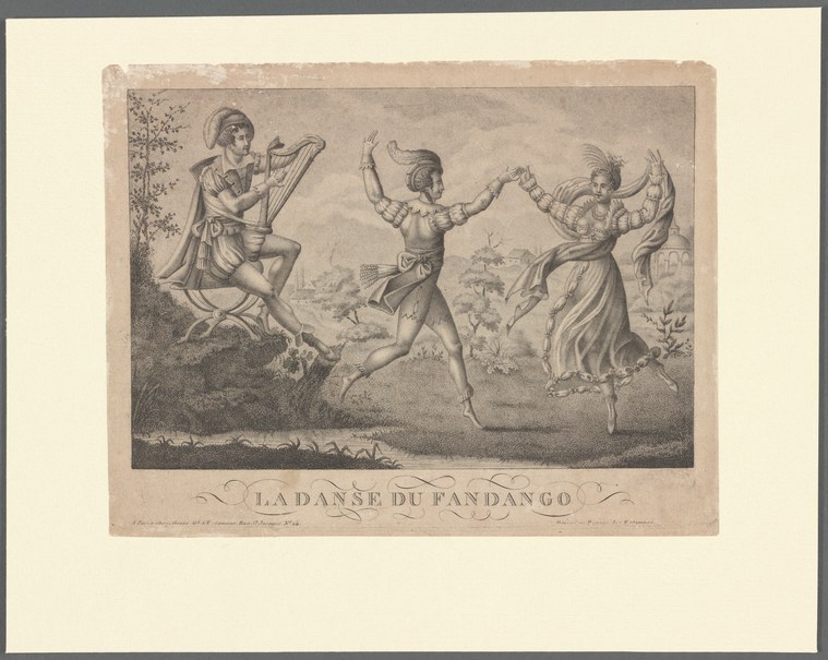 Four figures in a rural landscape: a seated guitarist and three dancers in flowing dress with raised arms, in animated movement.