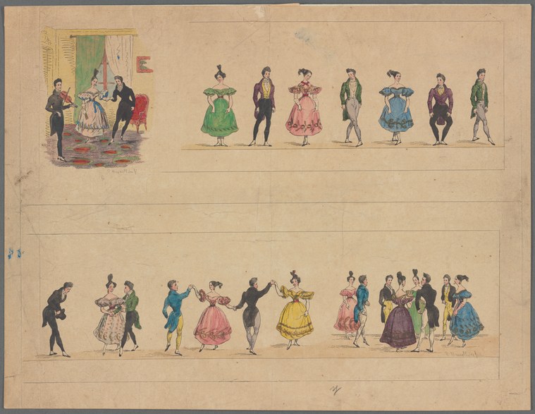 Two horizontal arrangements of formally dressed ballroom dancers, with a small interior scene at left showing three figures greeting.