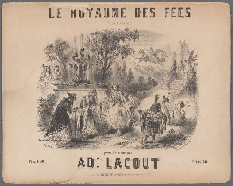 Four dancers in period dress execute a quadrille in a fairy-tale landscape with castle and columns, from a mid-19th-century engraved sheet-music cover.