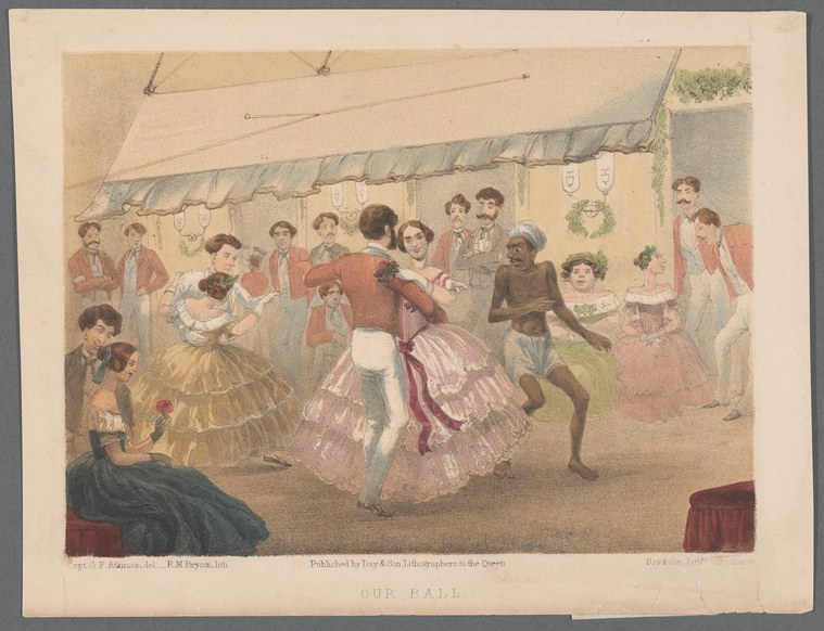 A crowded colored lithograph of a mid-1800s ballroom with dancers in the center surrounded by spectators, a woman and Black man in animated movement.