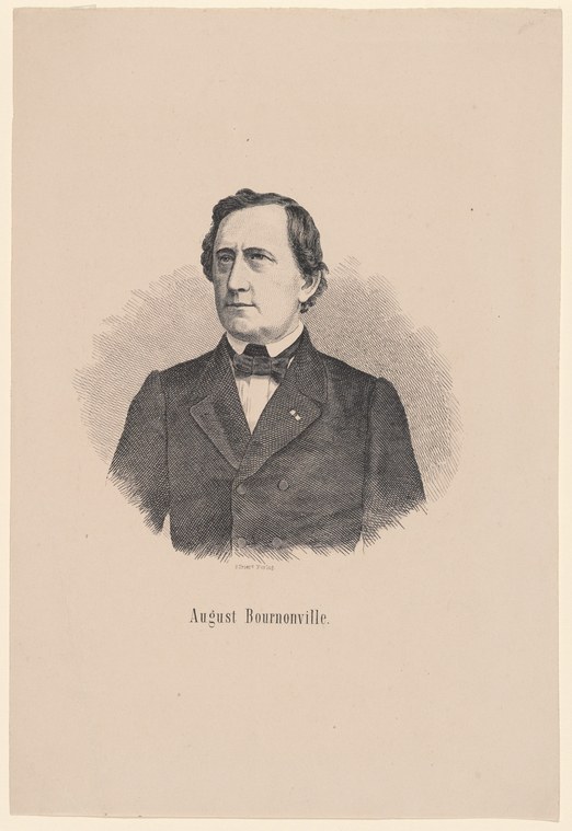 Formal engraved portrait of a dark-haired man in a nineteenth-century suit and bow tie, identified as August Bournonville.