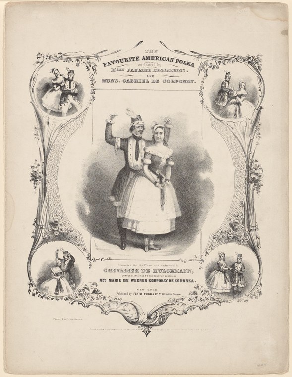 Engraved ballroom scene of a man and woman dancing the polka in formal dress, surrounded by decorative floral border and four smaller dance vignettes.