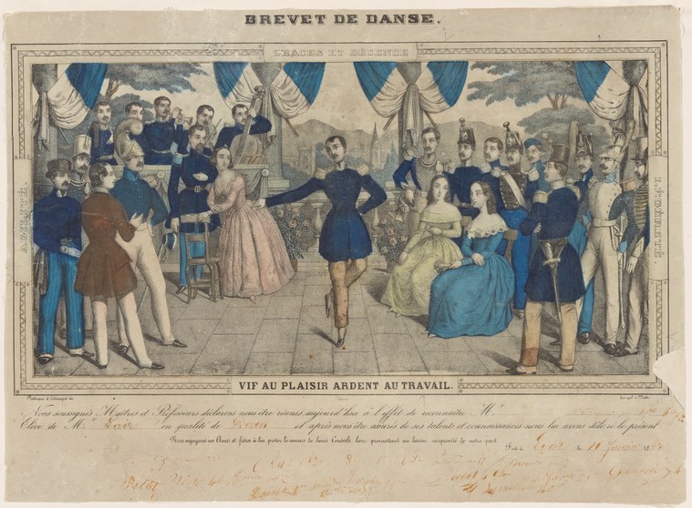 Hand-coloured engraving of a formal ballroom examination: a young couple in centre, surrounded by seated and standing witnesses under a blue-and-white striped