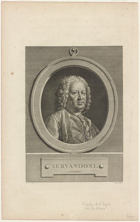 Engraved portrait of a man in eighteenth-century dress within an oval frame, labeled "SERVANDONI" below.