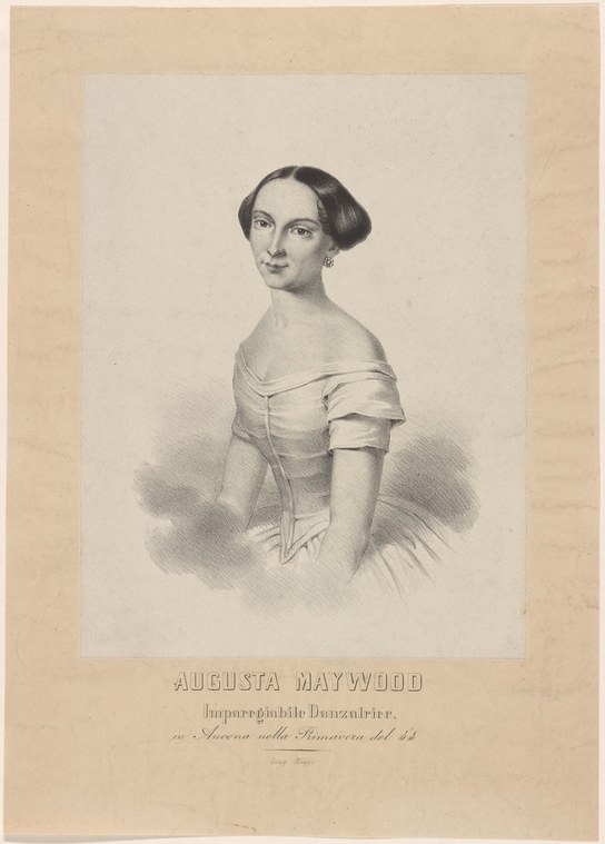Portrait engraving of a young woman in 1830s ballroom dress, identified as dancer Augusta Maywood.