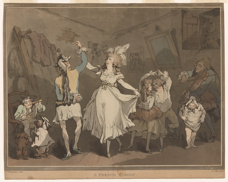 Hand-colored engraving of a crowded interior scene: a woman in a high-waisted dress dances with raised arms while caricatured figures watch from around her.