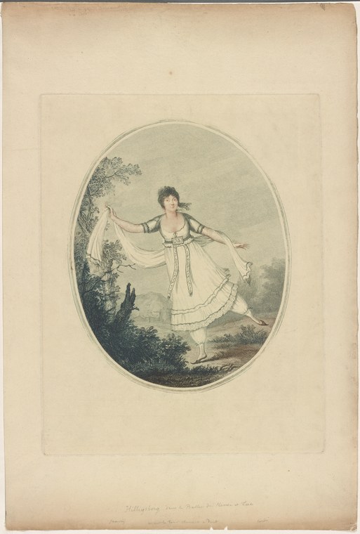 Engraving of a woman in white muslin dress performing a classical ballet arabesque pose in an oval frame, circa 1801.