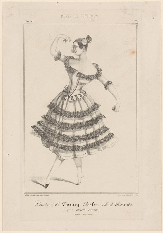 A woman in a short tiered skirt with puffed sleeves stands in an elegant pose, hand raised near her face, in a theatrical costume engraving.
