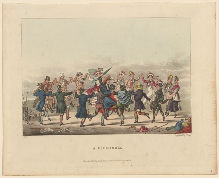 Hand-coloured engraving showing a chaotic procession of fashionably dressed figures in exaggerated motion, leaping and gesticulating, circa 1820.